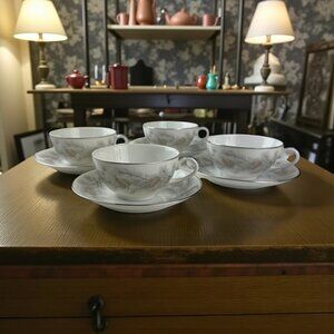 Set Of 4 Sango Sierra Pines Teacups & Saucers Silver Pinecone Design Japan